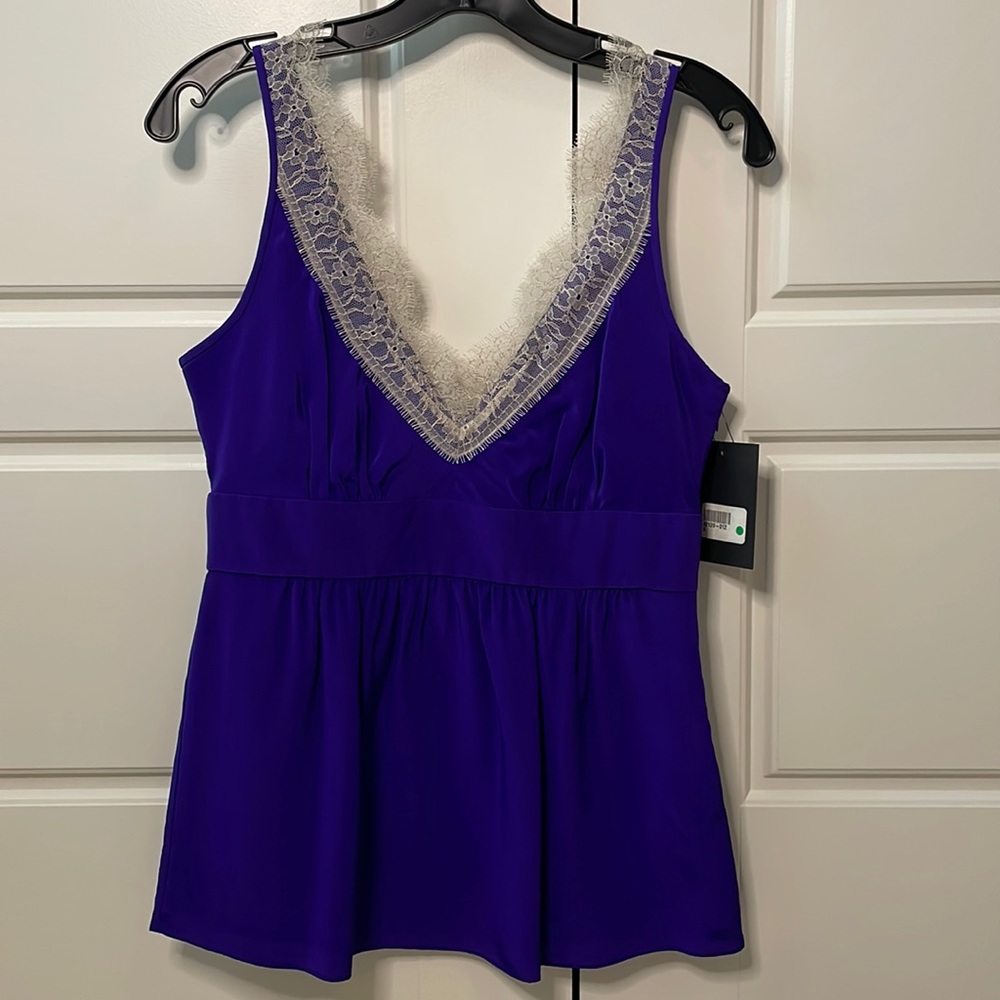 Tibi NWT purple silk top with cream lace in the front and back neckline